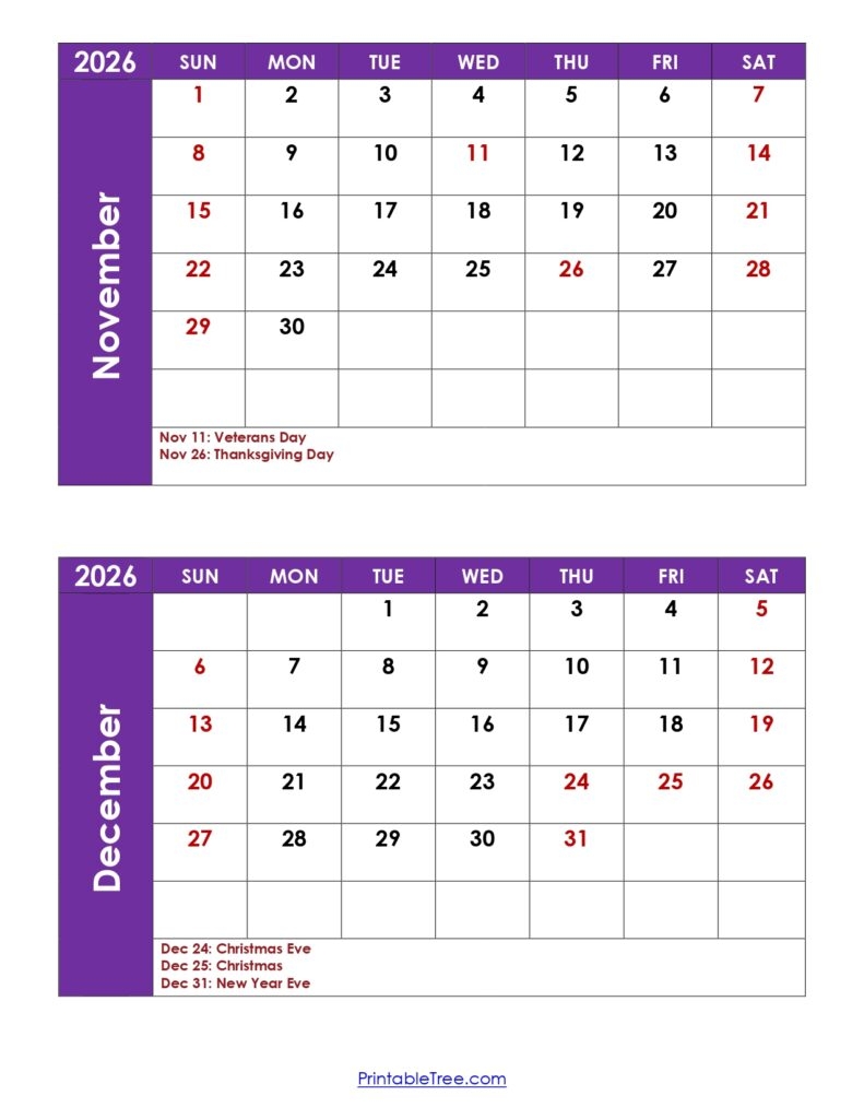 November December 2026 Printable Calendar Word