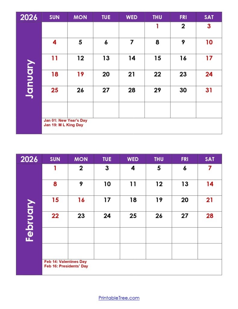 Two Months Calendar 2026 Printable PDF Double Month Calendar