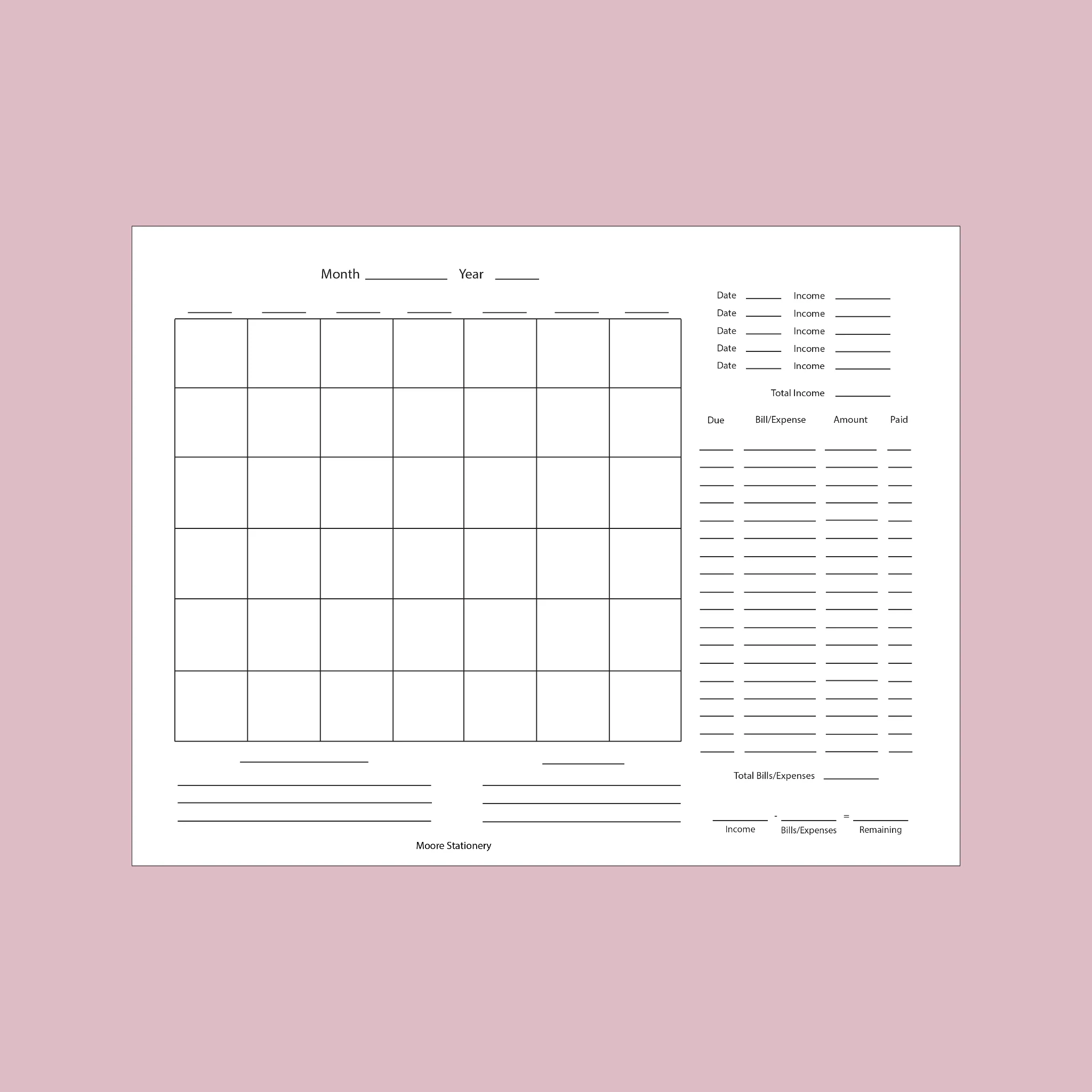 Undated Blank Budgeting Calendar