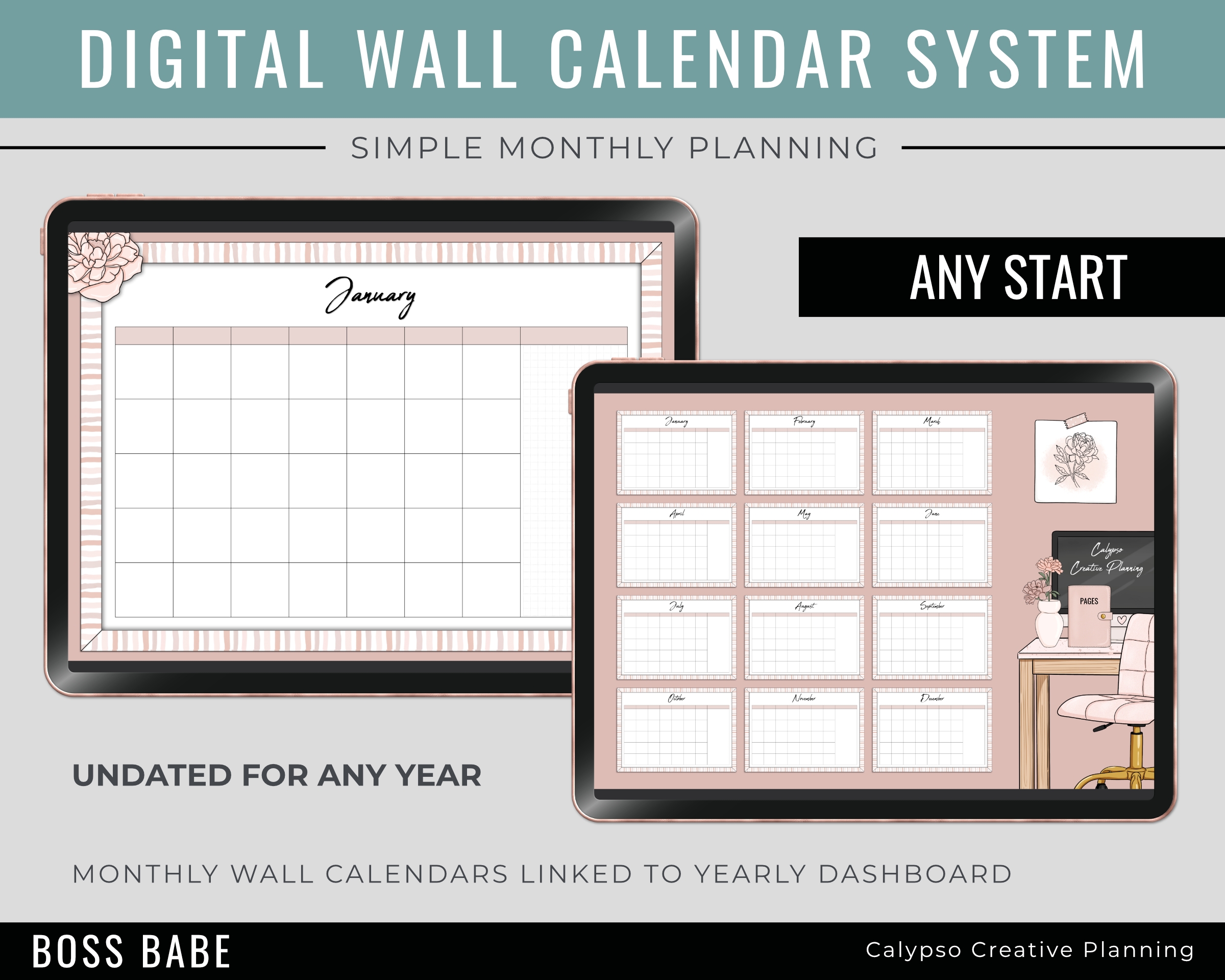 Undated Boss Babe Digital Wall Calendar System Calypso 