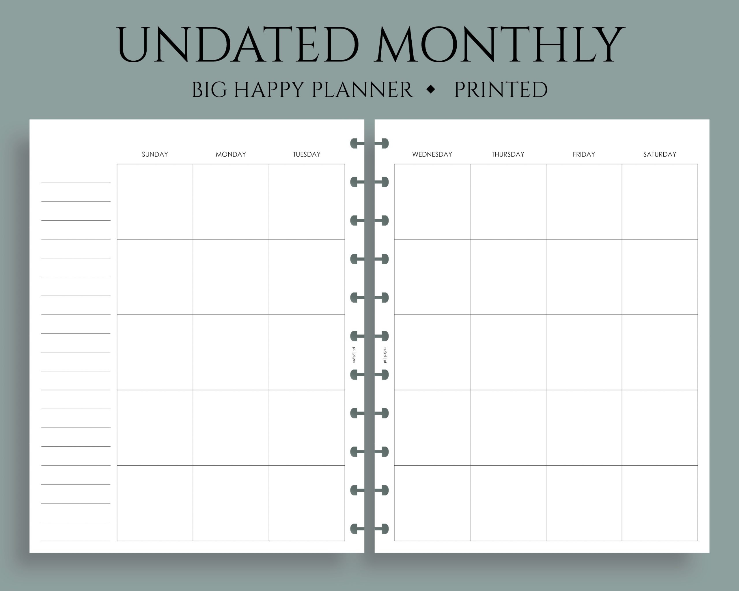 Undated Monthly Calendar Sunday Start