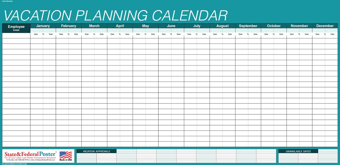 Undated Vacation Planning Calendar 40x20 Horizontal