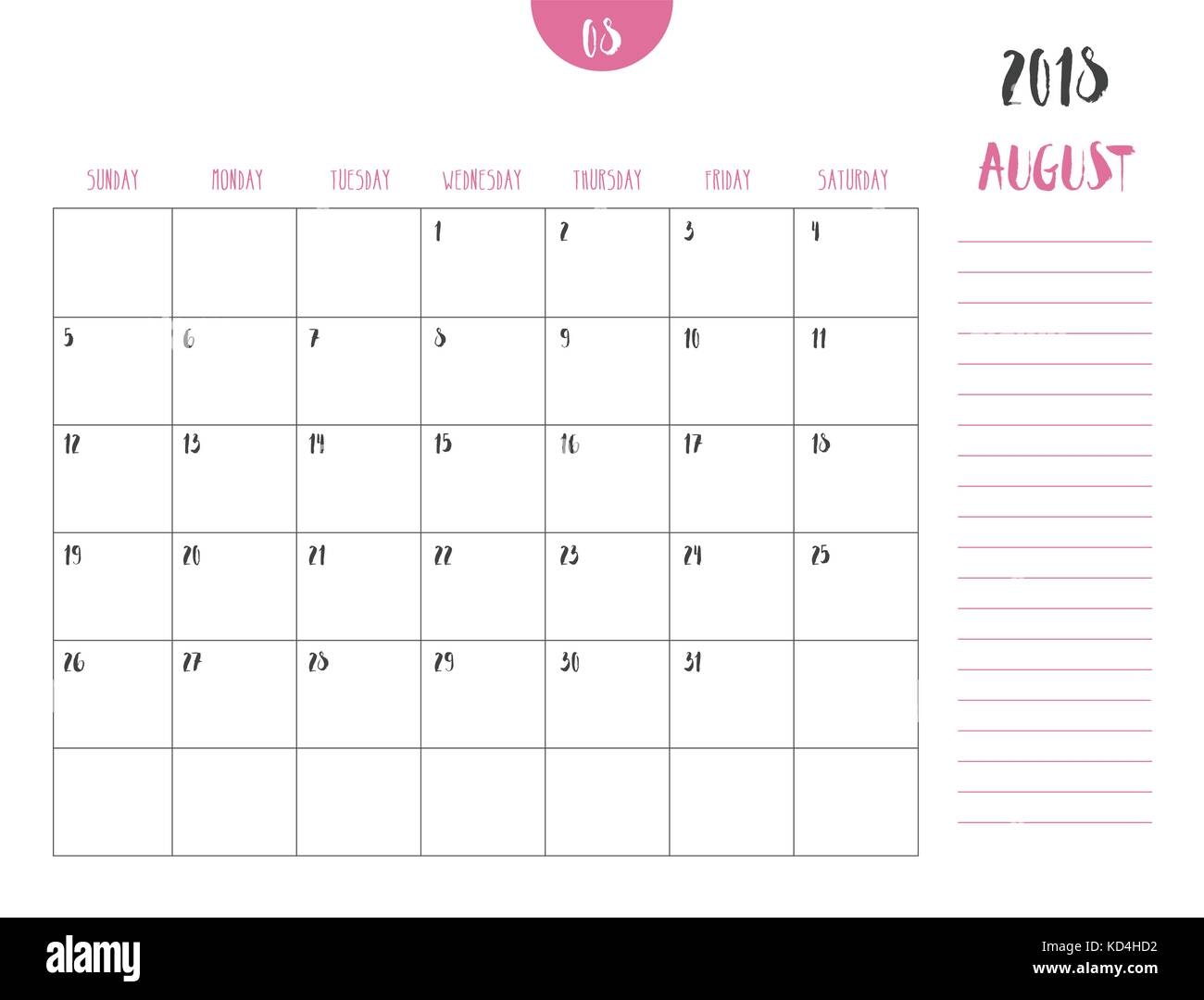 Vector Of Calendar 2018 August In Simple Clean Table Style 