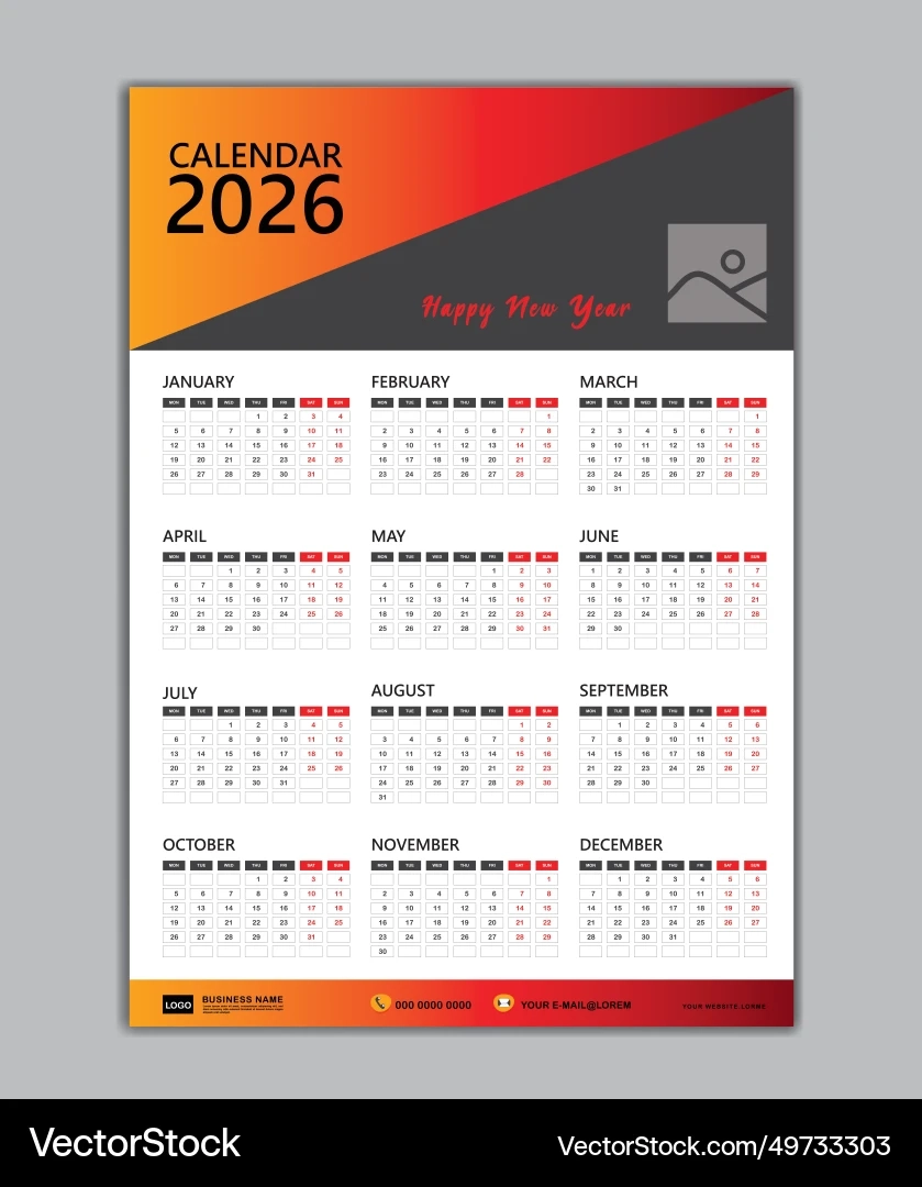 Wall Calendar 2026 Template Week Starts On Monday Royalty Free 
