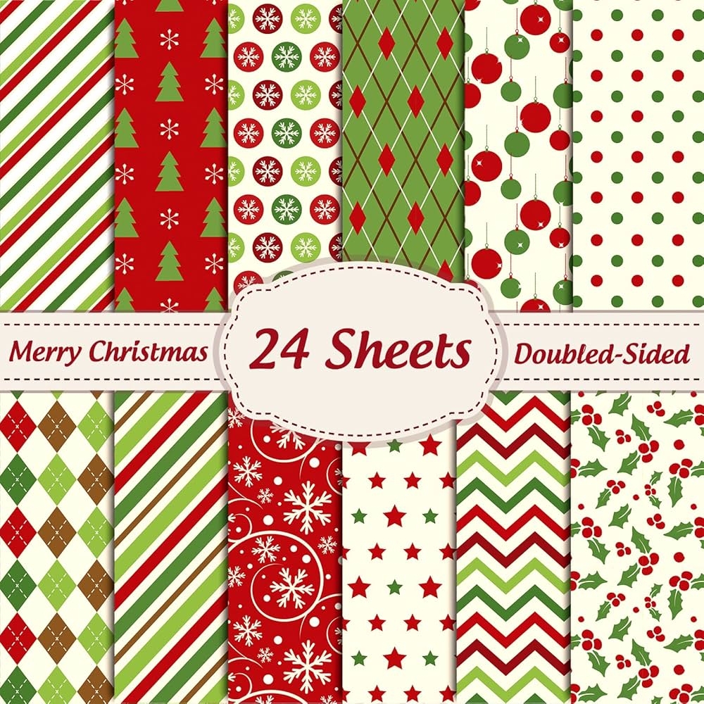 Whaline Christmas Pattern Paper 24 Sheets 12 Designs Double Sided Matte Finish Green And Red 11 X 11 Square Sheets Perfect For Crafts And 
