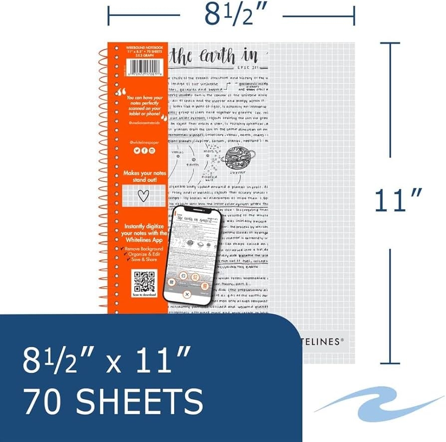 Whitelines Notebook Grey Lined Graph Paper 8 5 x11 70 Sheets 