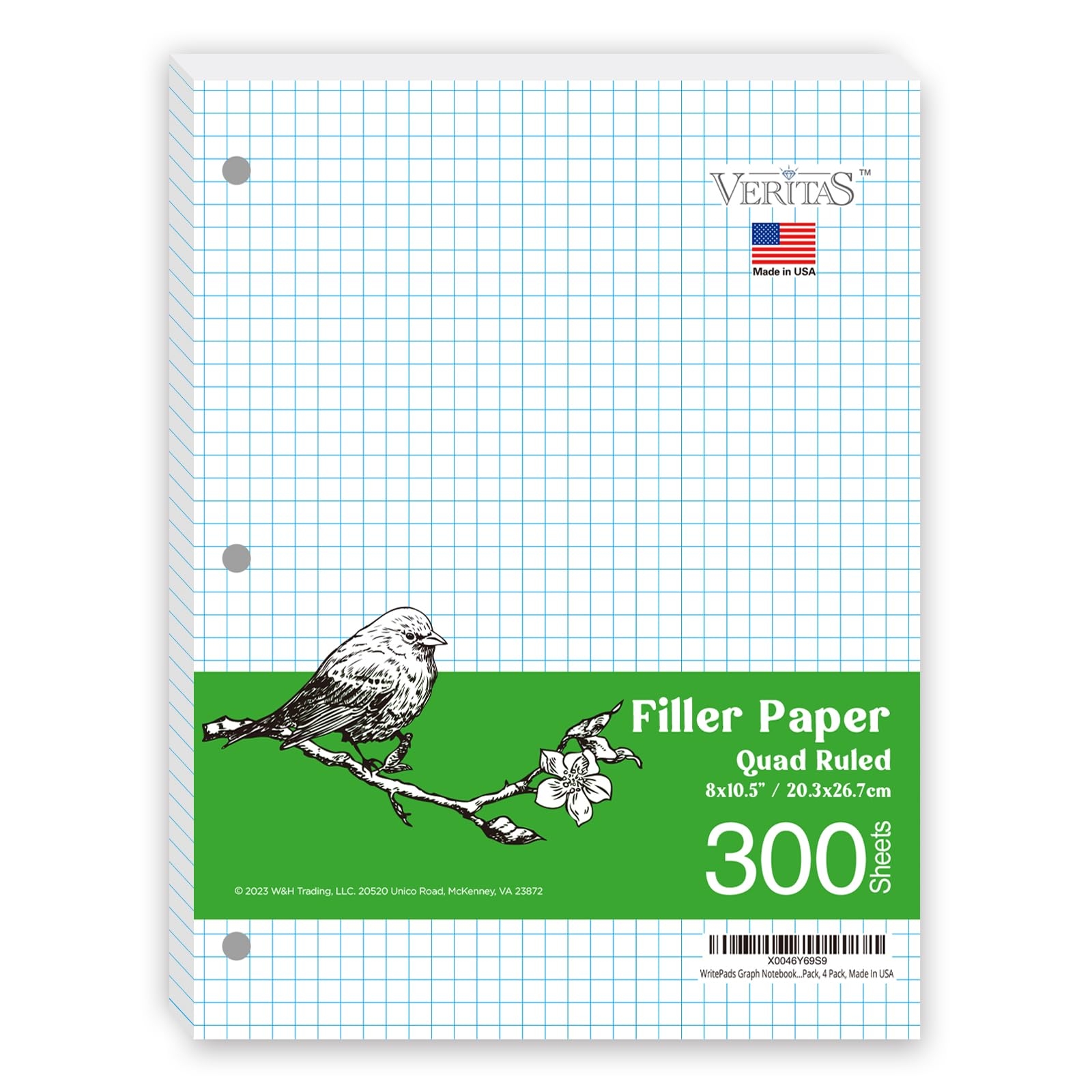 WritePads Graph Paper Loose Leaf Paper Standard 8 x10 1 2 4x4 Quad Ruled Notebook Paper 3 Hole Punched Filler Paper 3 Ring Binder Paper 300 Sheets 