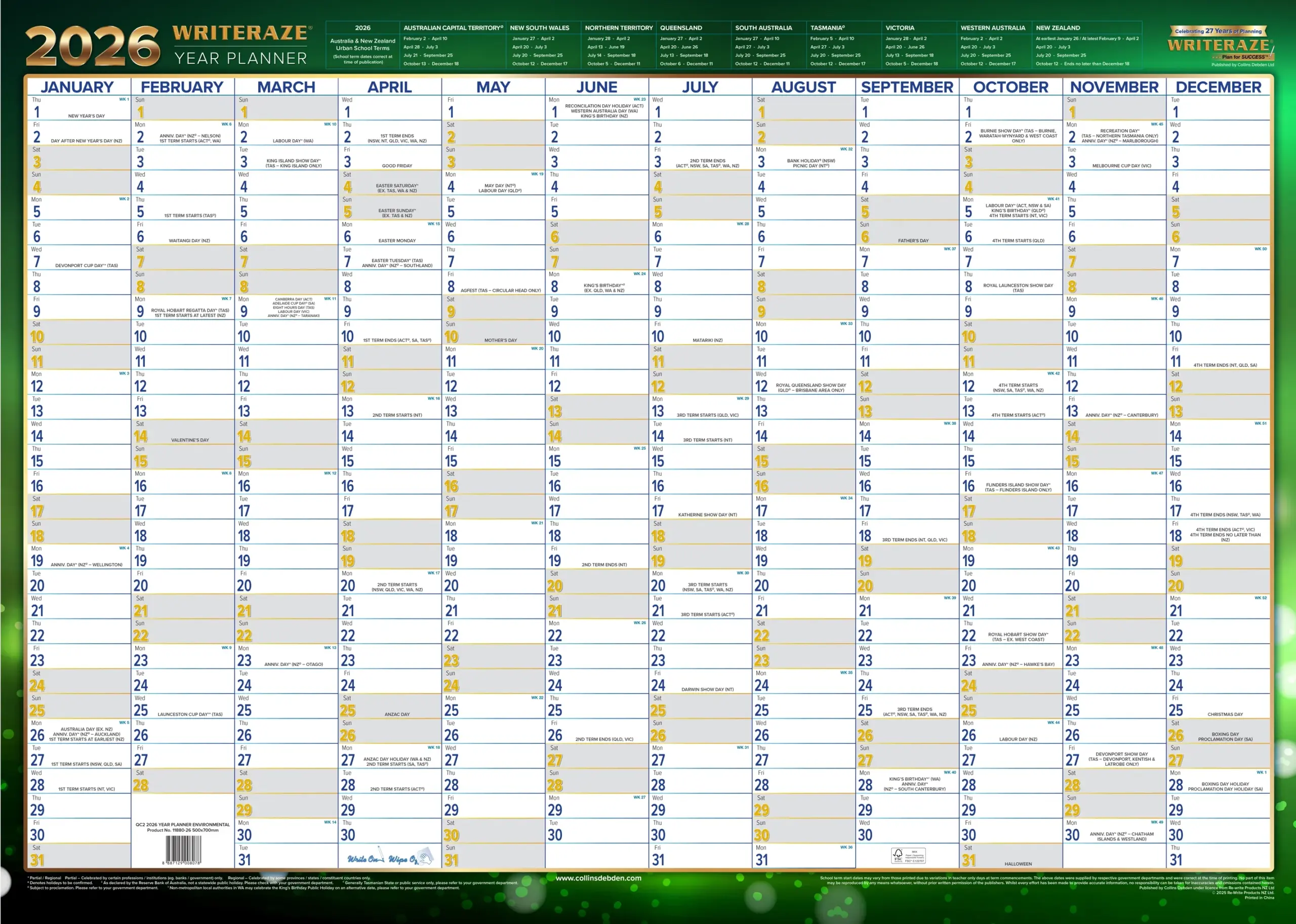 Writeraze Calendar Year 2026 Diary Planner H500 X W700mm 