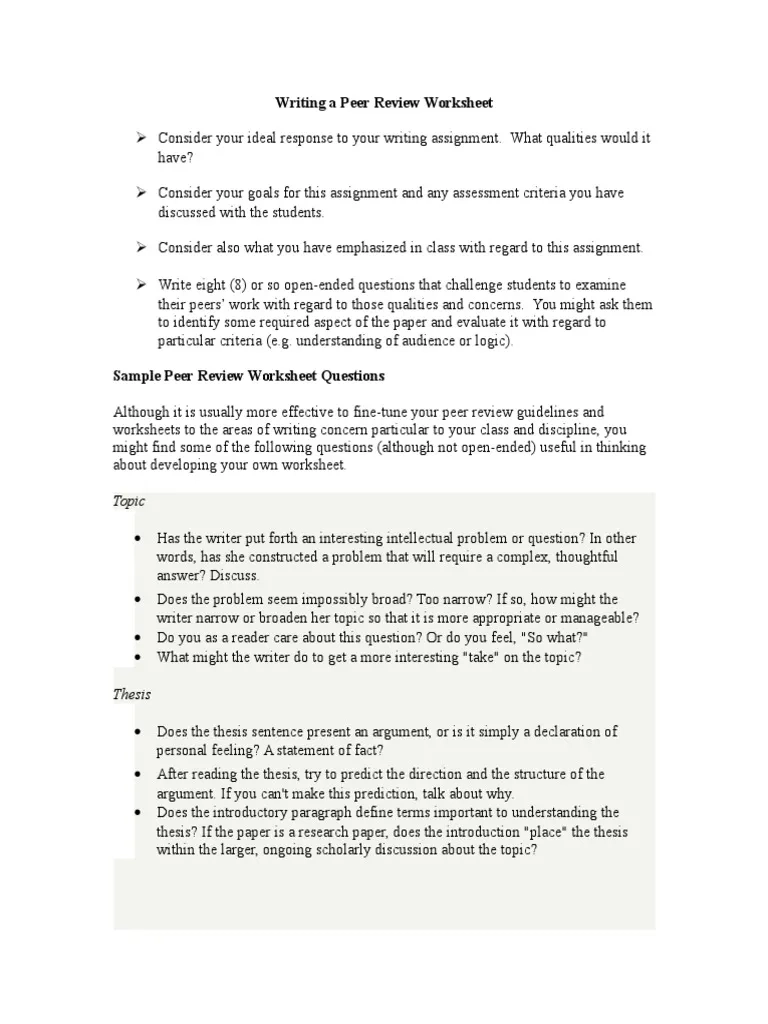 Writing Peer Review Worksheets PDF Sentence Linguistics 