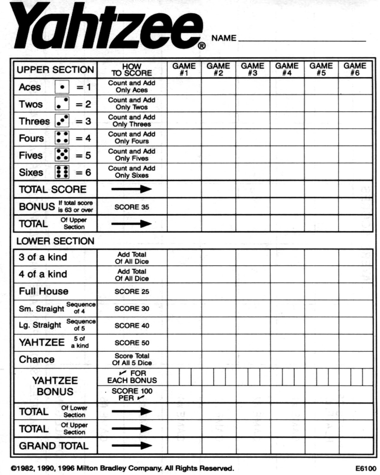 Printable Yahtzee Paper