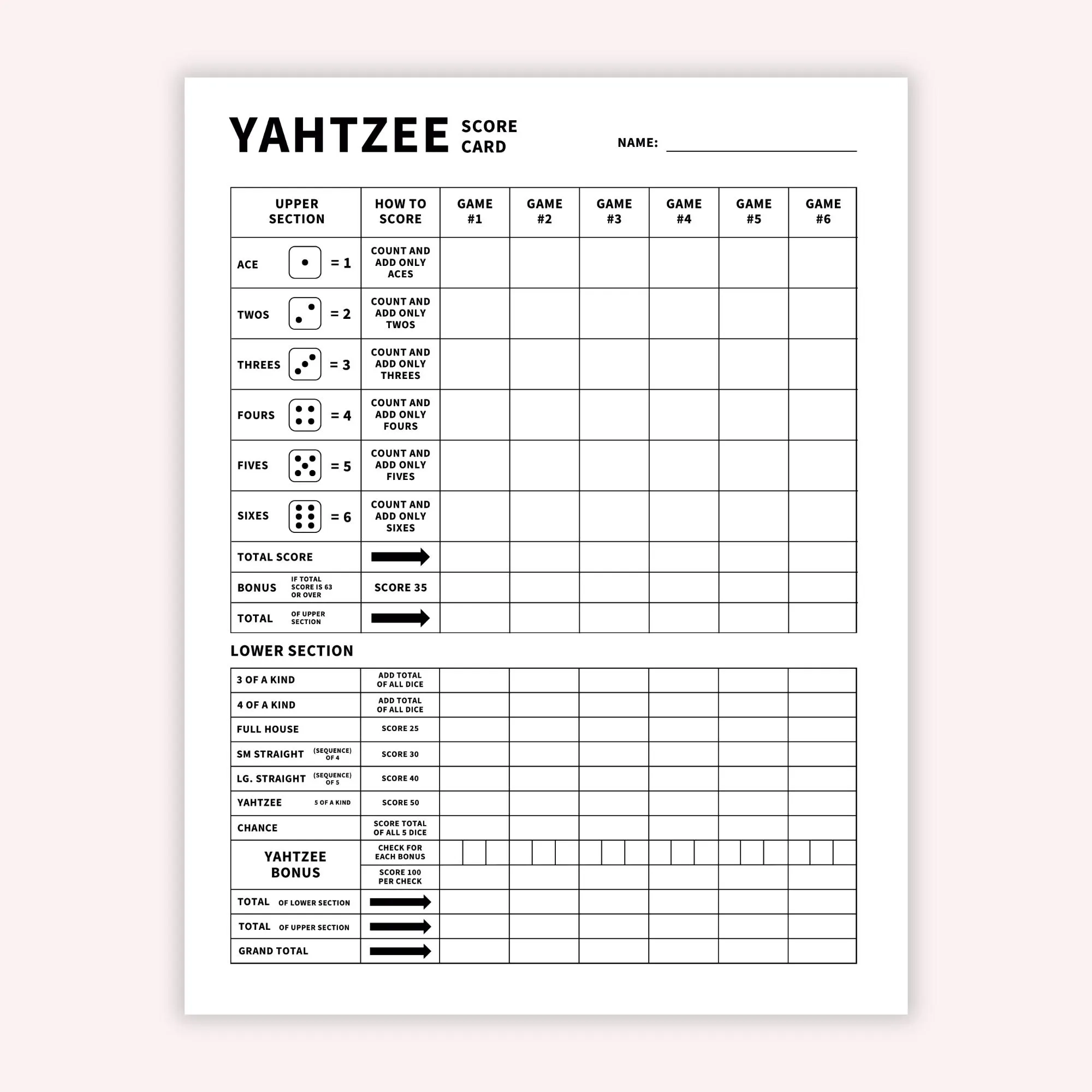 Yahtzee Score Card Printable letter a4 a5 PDF Etsy Singapore