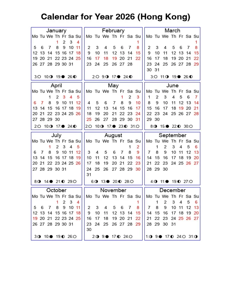 Year 2026 Calendar Hong Kong PDF Easter Workweek And Weekend