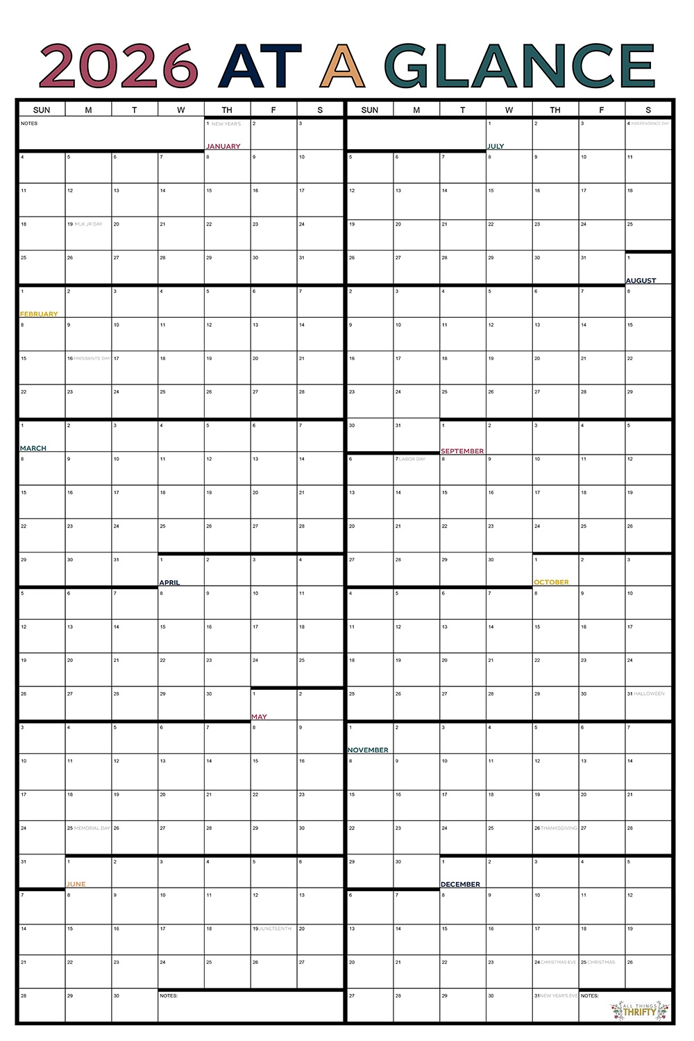 2026 Calendar Year At A Glance Printable