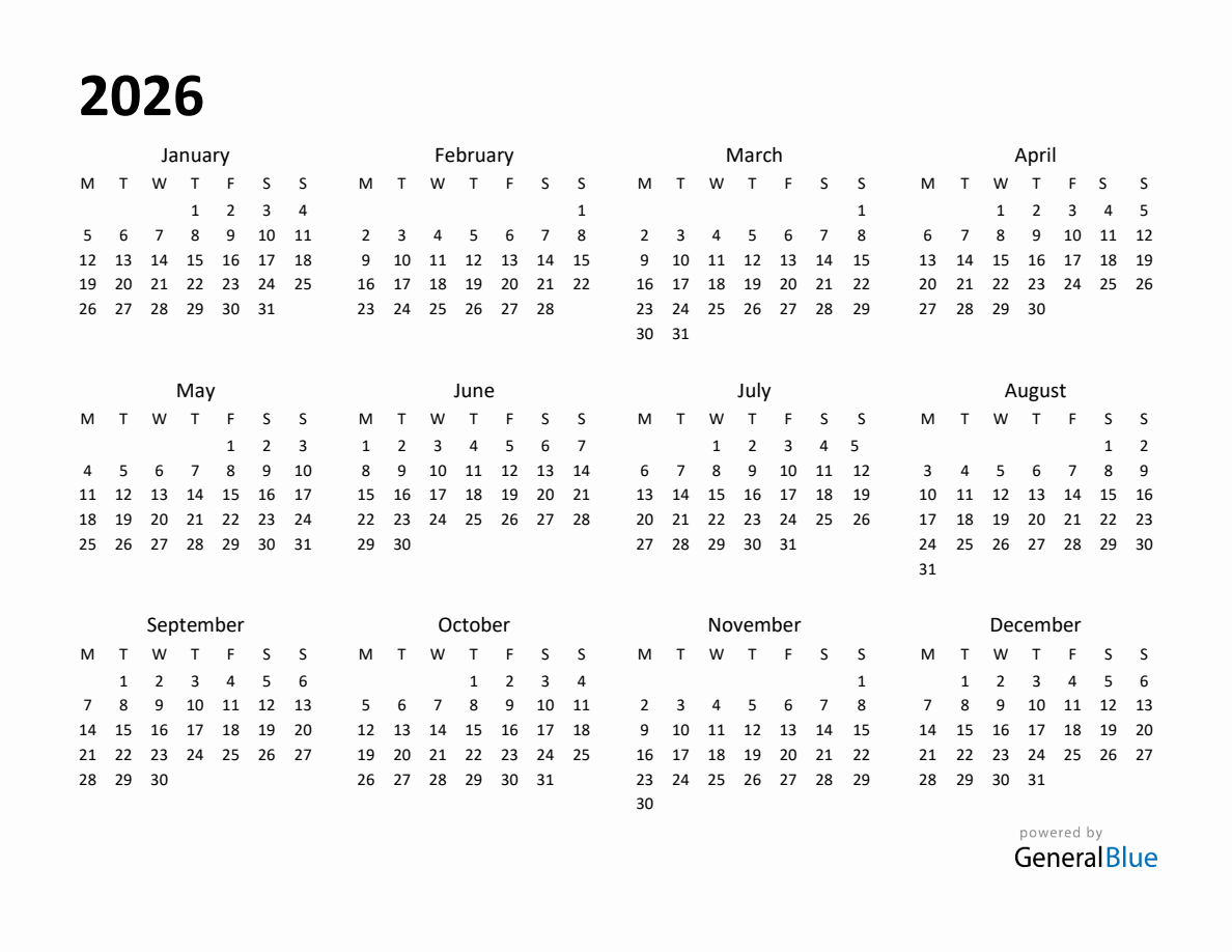 Calendar 2026 Starting Monday