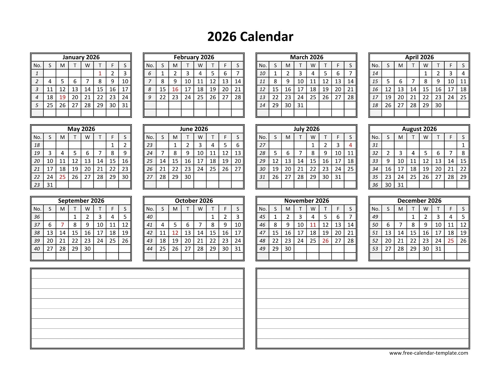 Yearly 2026 Calendar Printable With Space For Notes Free 