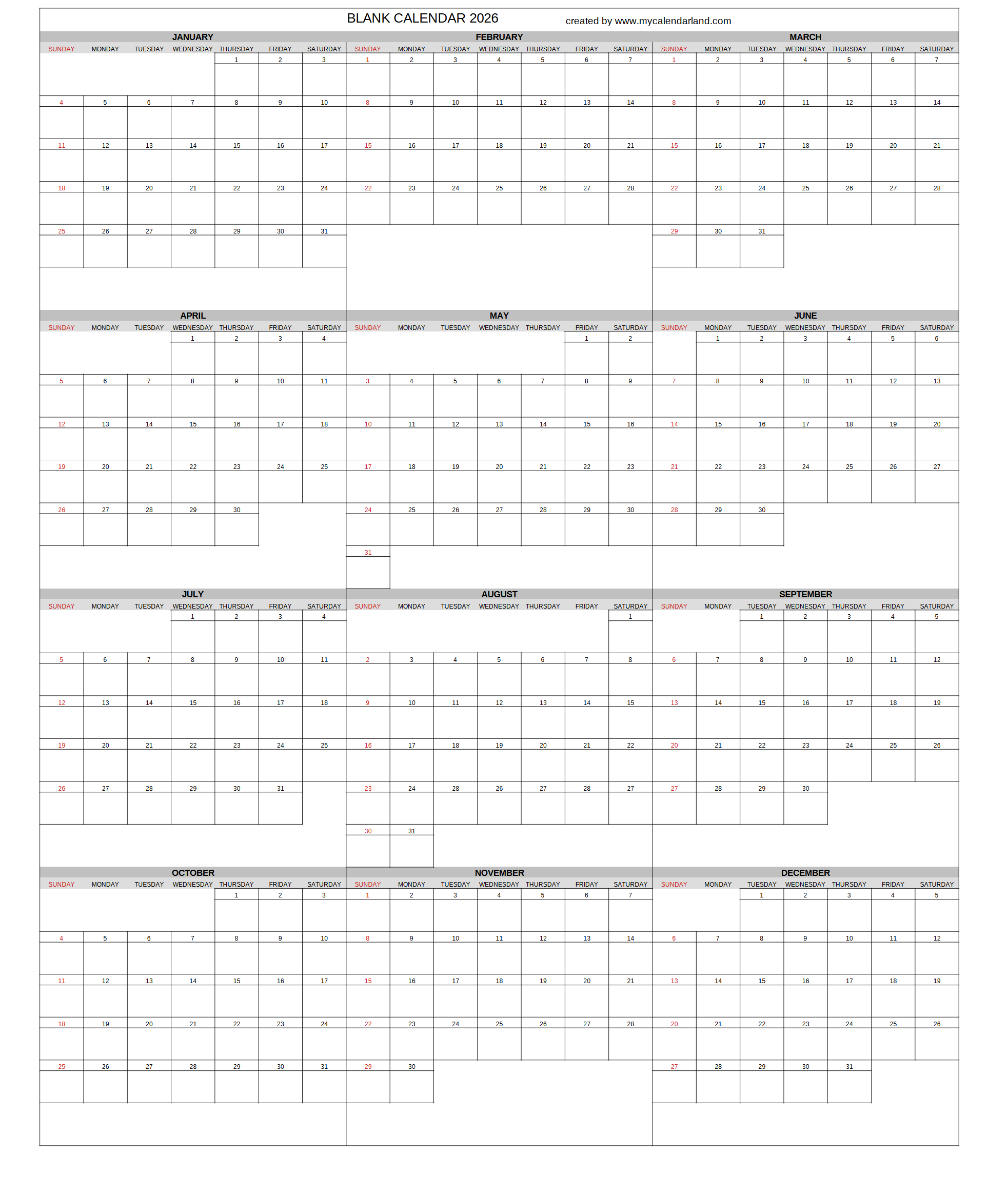 Printable Calendar 2026 Large Boxes