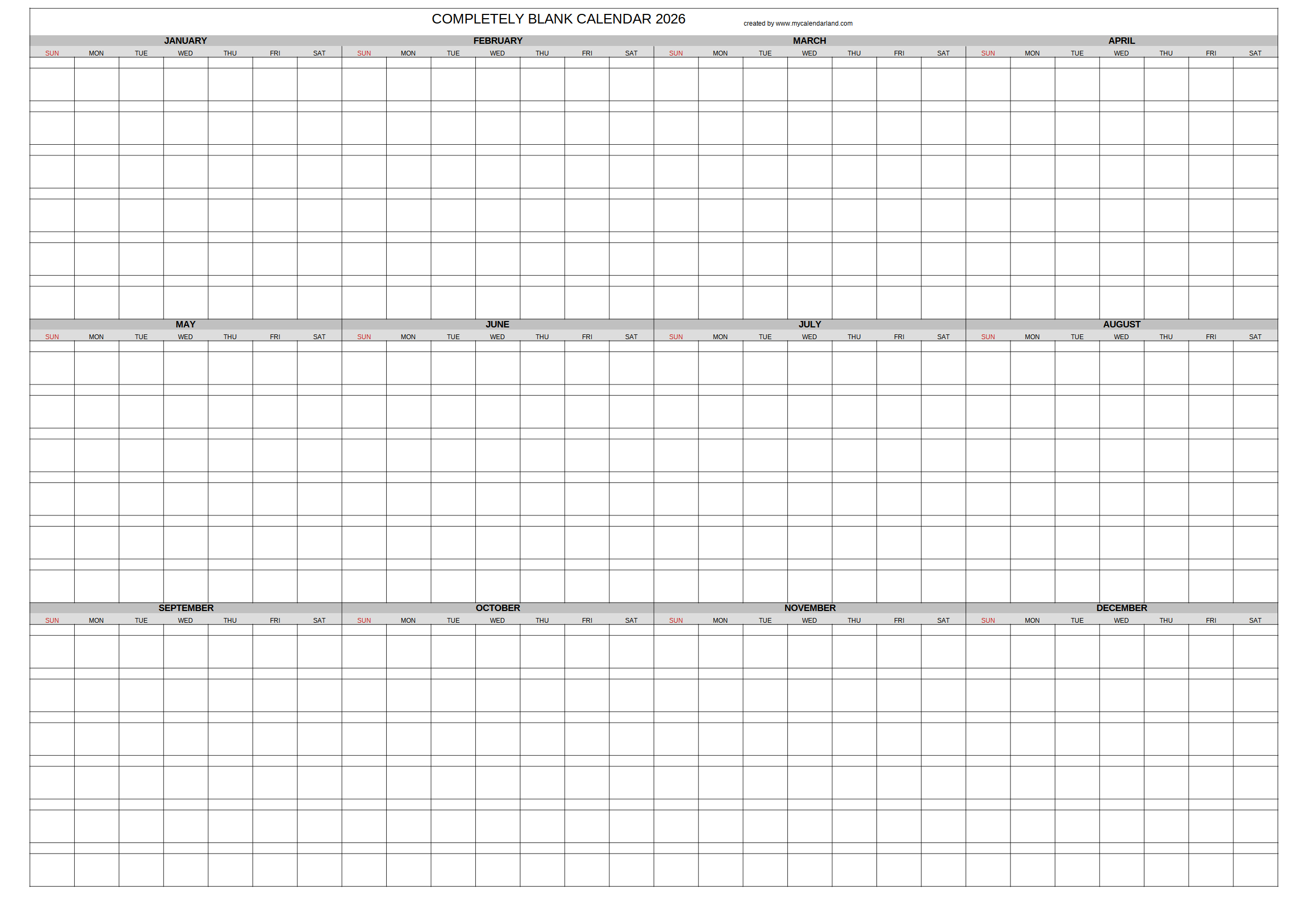 Yearly Printable Calendars 2026 My Calendar Land