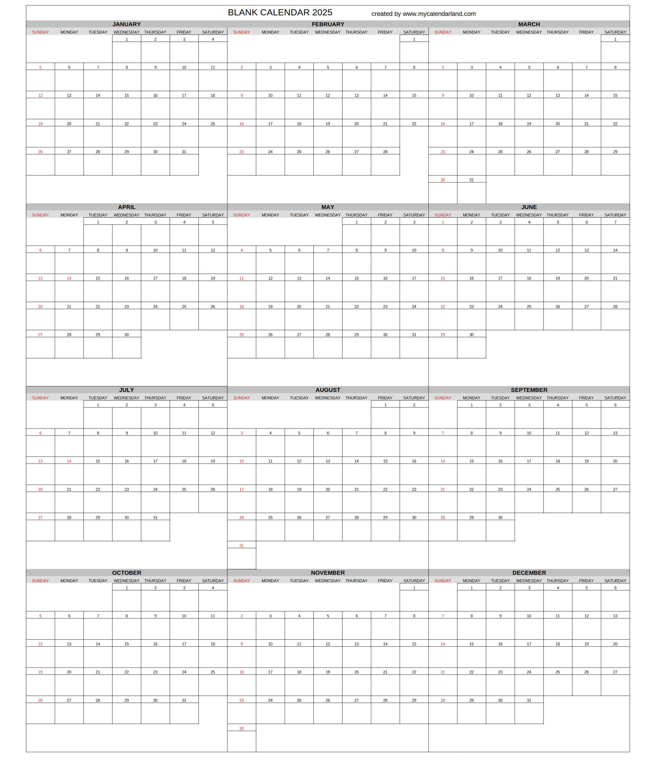 Printable Blank Full Year Calendar