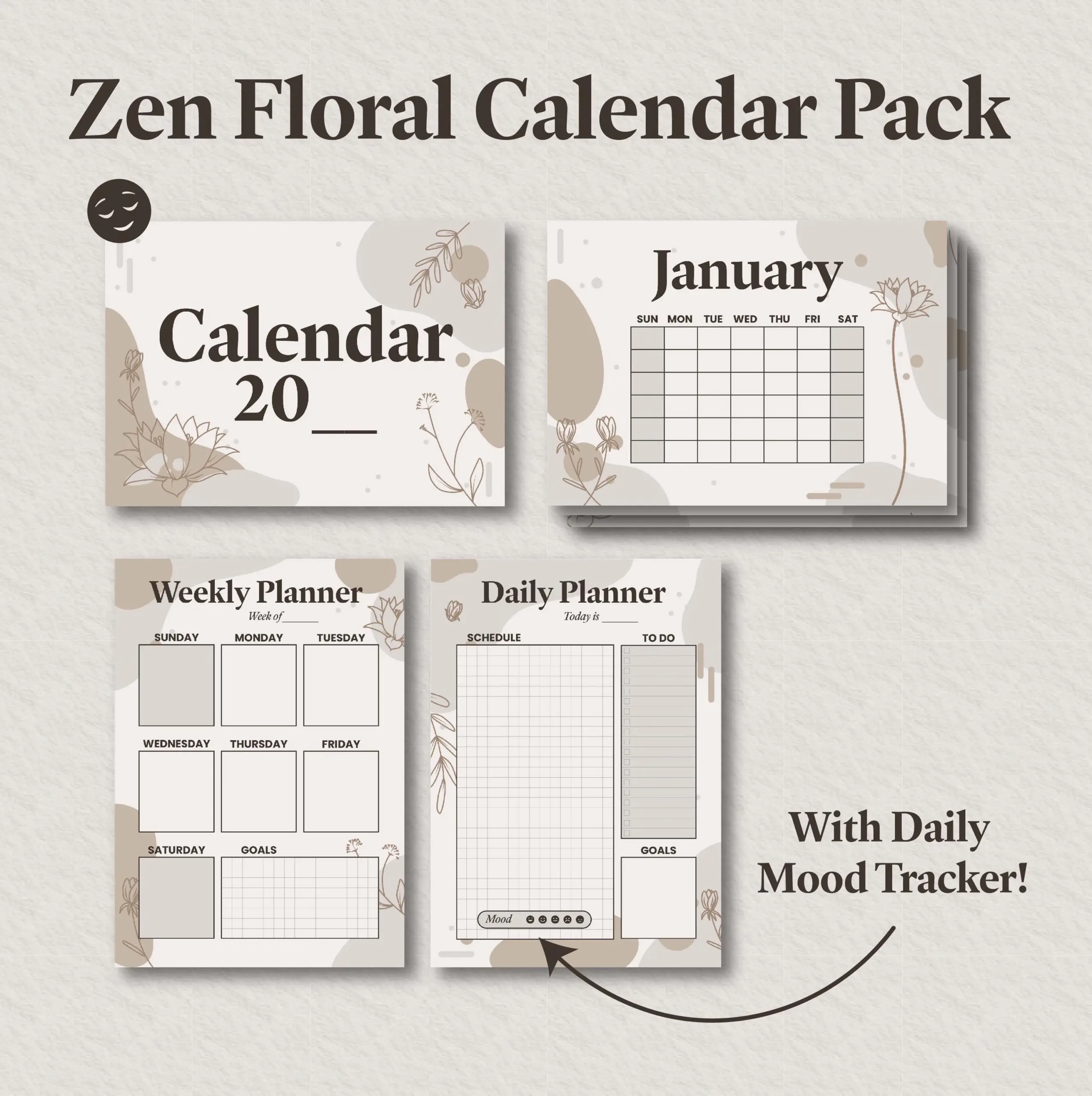 Zen Floral Planner Undatierter Kalender Mit Mood Tracker PDF 